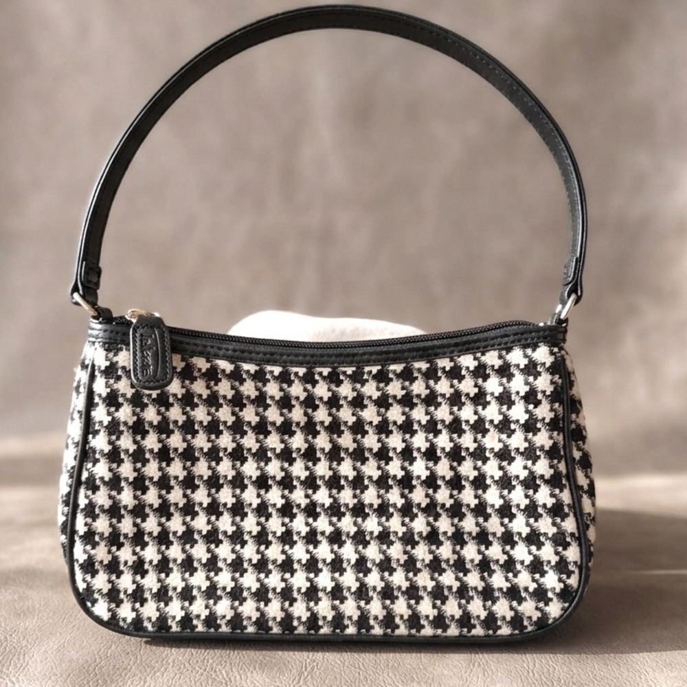 Talbots Vintage Y2K Wool Houndstooth Shoulder Preppy Bag Black White Leather